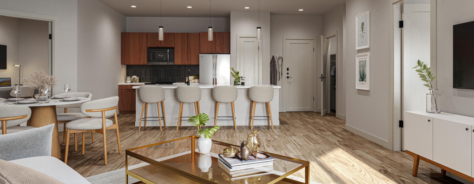 a large living room with a wood floor and a dining table